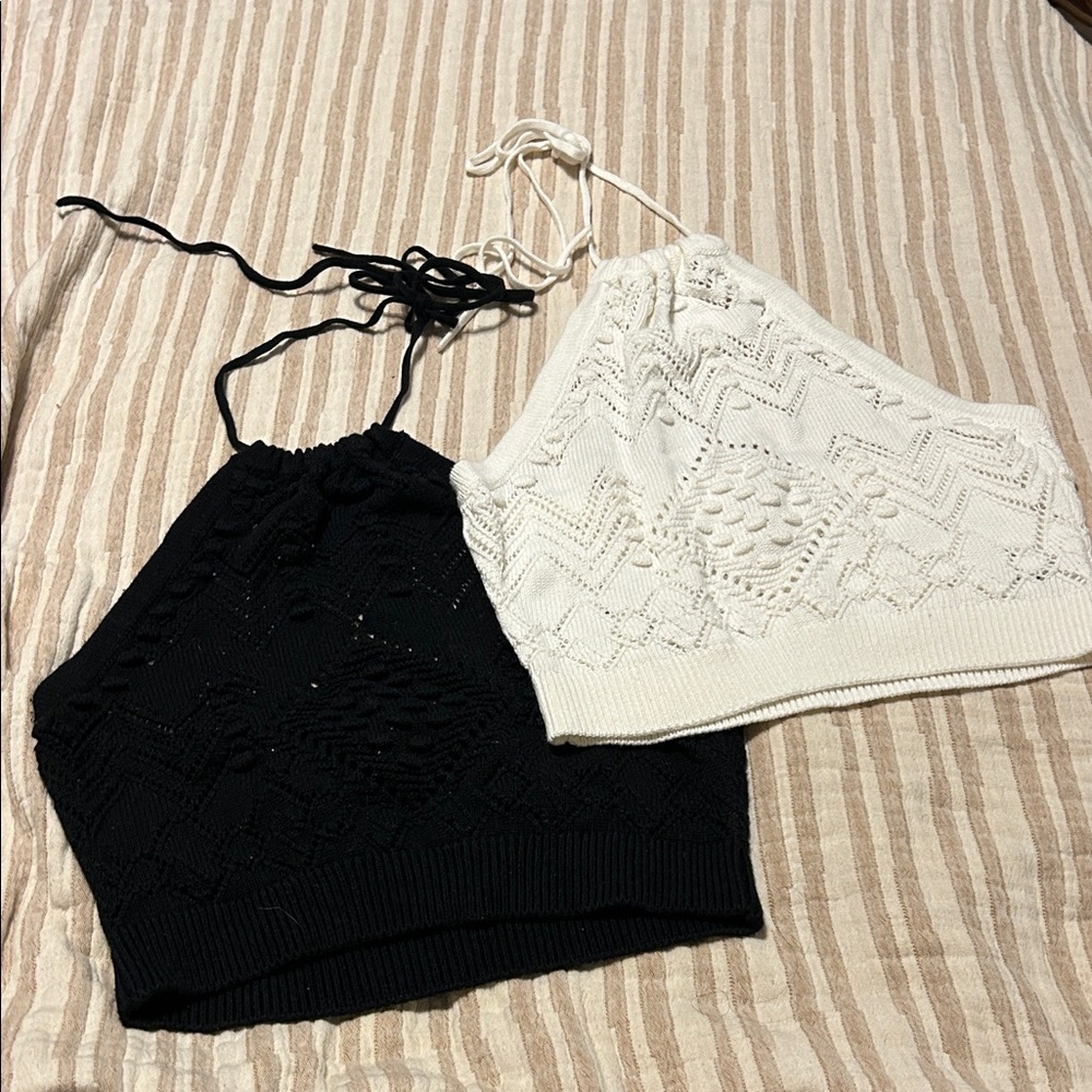 Crochet- Knit Halter Tops in Black and White - boho